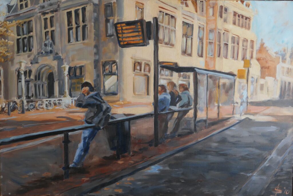 Bushalte Janskerkhof, Olieverf op linnen, 70 x 90 cm