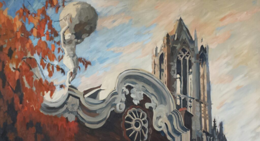 Nieuwegracht, Gevel met atlasbeeld, Olieverf op linnen, 100 x 180 cm