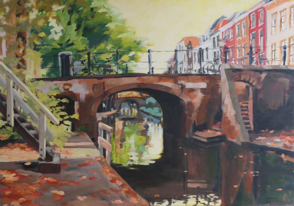 Nieuwegracht, Quintijsbrug, Olieverf op linnen, 70 x 100 cm