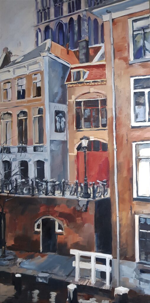 Oudegracht, thv de donkere gaard, Olieverf op linnen, 120 x 60 cm