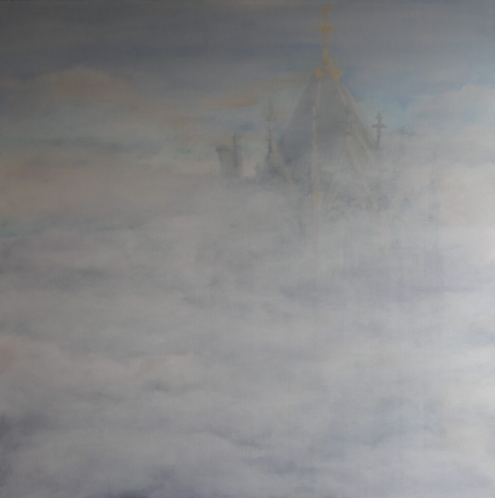 Dom in de mist, Olieverf op linnen, 100x100 cm