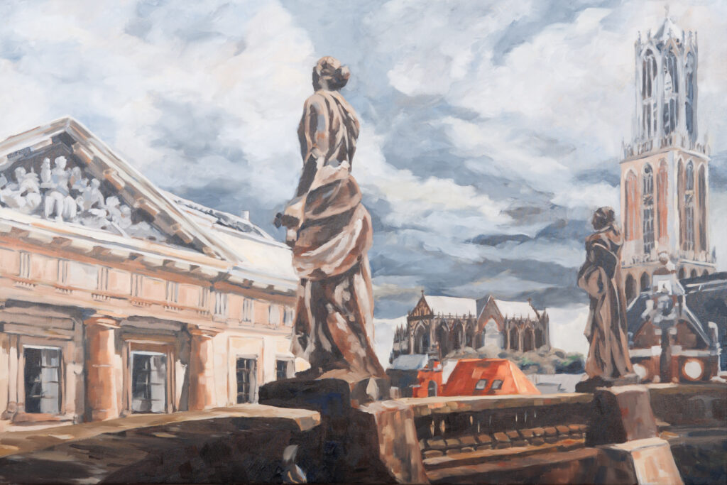 Utrecht, Zicht op de Dom en stadhuis vanaf balkon muziekbibliotheek, Olieverf op linnen 80 x 120 cm