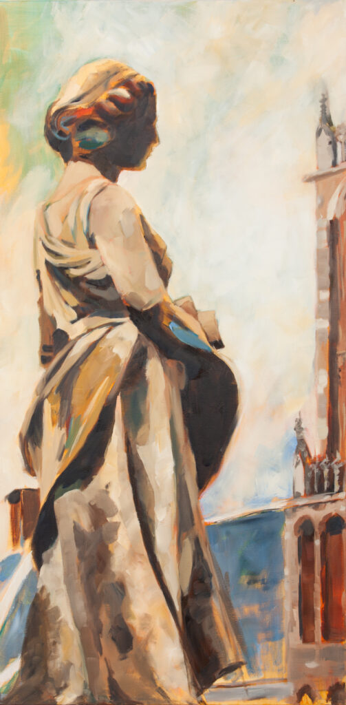 Tweeluik: Beelden op balkon muziekbibliotheek t.h.v. het stadhuis: Olieverf op linnen, [2x] 120x60 cm
