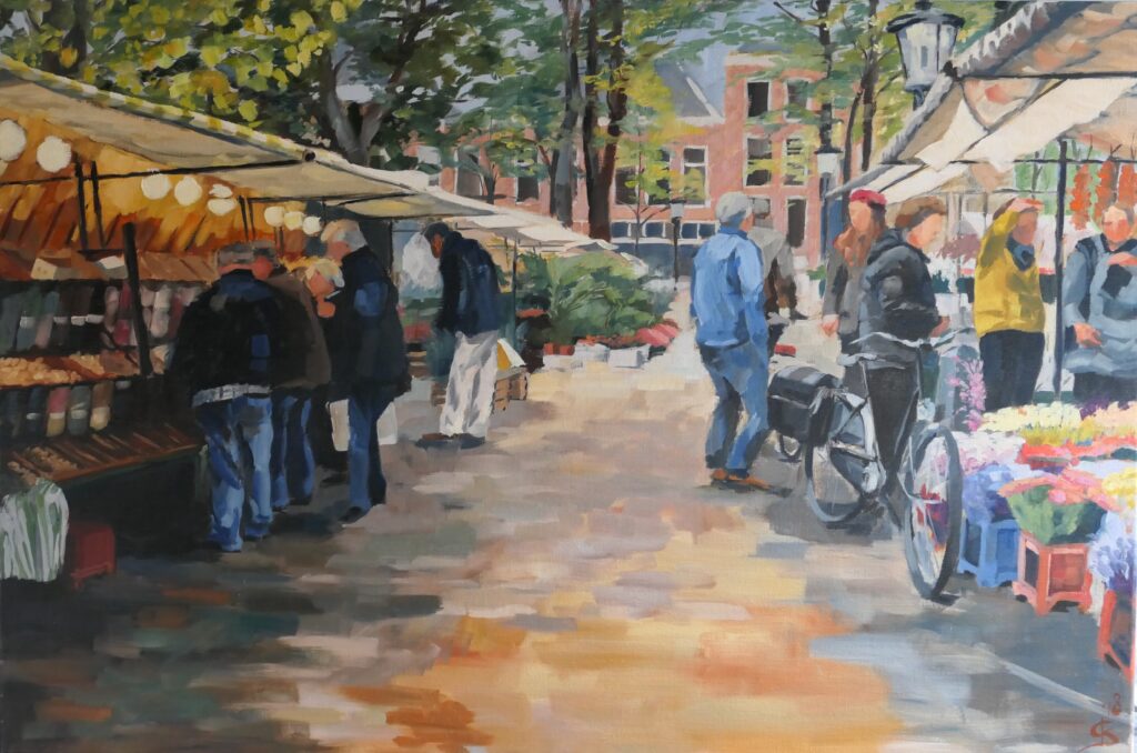 Janskerkhof, bloemenmarkt, Olieverf op linnen, 80 x 120 cm