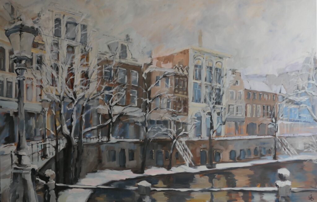 Oudegracht in de sneeuw, Olieverf op linnen,90 x 140 cm
